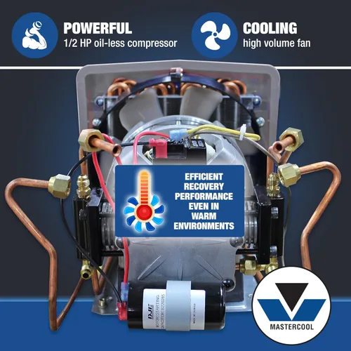 Vista 3 de Mastercool 69365 Sistema de recuperación de refrigerante Twin Turbo - Tanque DOT de 50 libras con interruptor de flotador, compresor de doble