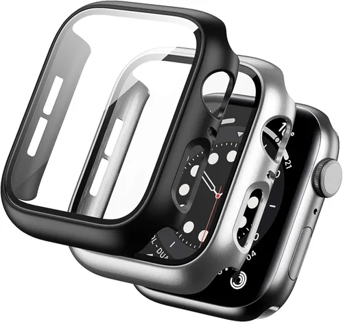 Vista 8 de Paquete de 2 fundas rígidas de policarbonato compatibles con Apple Watch, con protector de pantalla de cristal templado sin burbujas para accesorios