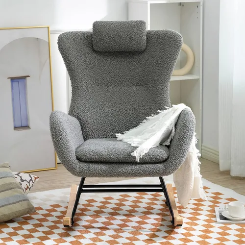 Vista 2 de CuisinSmart Mecedora tapizada de peluche para guardería, moderna silla mecedora con respaldo alto, mecedora interior para sala de estar, dormitorio