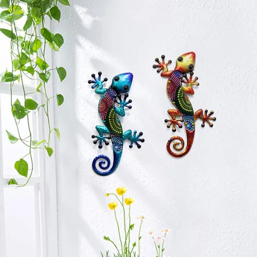 Vista 6 de HONGLAND Arte de pared de Gecko de metal, 2 unidades de lagarto de 15 pulgadas, decoración para exteriores, escultura de vidrio colgante, decoración
