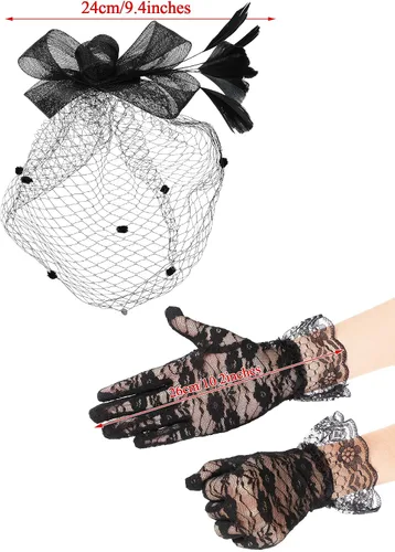 Vista 3 de SATINIOR Sombrero de tocado para mujer, sombrero de pastillero, velo negro, sombrero funerario, sombrero de fiesta de té y guantes de encaje