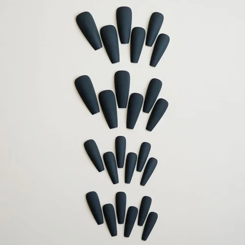 Vista 107 de MISUD - Uñas postizas a presión largas en forma de ataúd con pegamento, diseño de punta francesa acrílica azul de verano, 24 piezas