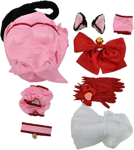 Vista 9 de miccostumes Disfraz de anime para mujer, vestido corto rosa transformado con orejas de gato y cola