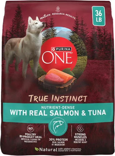 Vista 14 de Purina ONE True Instinct con salmón real y atún natural con vitaminas, minerales y nutrientes añadidos, fórmula seca de alimentos para perros