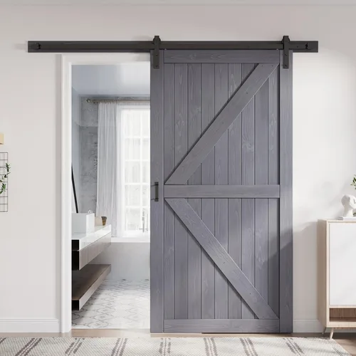 Vista 12 de FREDBECK Puertas dobles grises de 24 x 84 pulgadas, puerta de granero de 48 pulgadas con kit de herrajes para puerta de granero de 8 pies incluido