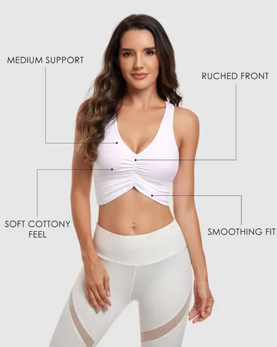 Vista 2 de Brasier deportivo fruncido con cuello en V para mujer, espalda cruzada, acolchado, para yoga, ropa deportiva que absorbe la humedad, corte bajo