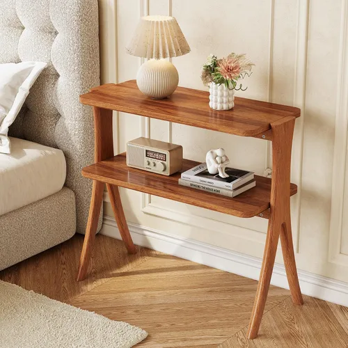Vista 10 de LITTLE TREE Mesa auxiliar estrecha, mesa de centro de 2 niveles estilo granja con patas de madera maciza, mesa auxiliar pequeña, ahorradora