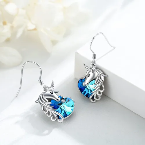 Vista 6 de Aretes de unicornio de plata de ley 925, hipoalergénicos, aretes colgantes de cristal azul, joyería de regalo de unicornio para mujeres y niñas