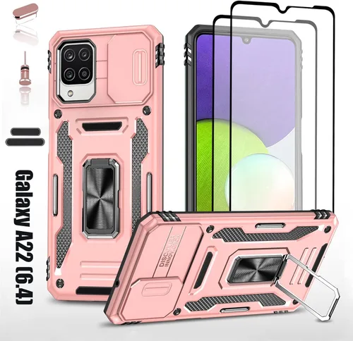 Vista 9 de Funda resistente para Samsung Galaxy A22 (4G), protector híbrido de goma de doble capa de grado militar con protector de cámara deslizante, soporte