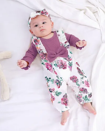 Vista 2 de KIHONI Ropa de bebé recién nacido, ropa de manga larga, trajes de niña recién nacida, overol floral con tirantes y tirantes, ropa de bebé para niñas
