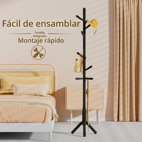 Vista 4 de Perchero de madera maciza, perchero independiente en forma de árbol con 11 ganchos, poste principal de 1.6 pulgadas de diámetro para ropa, soporte