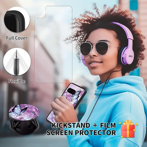Vista 4 de Funda para Google Pixel 8 de 6.2 pulgadas con protector de pantalla + función atril con diseño de mariposas moradas, funda para Google Pixel 8