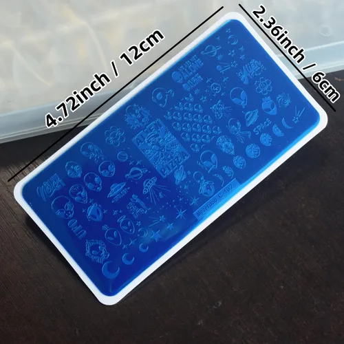 Vista 4 de Placas de sello de uñas de dinosaurios alienígenas, placa de estampación de uñas de estrella, luna, unicornio, gato, caballo, animales de dibujos