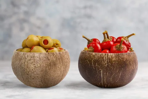 Vista 2 de Rainforest Bowls 2 cuencos de coco pequeños ecológicos (crudo y original) con 2 tenedores de madera de coco, 100% natural, juego de cocina orgánico