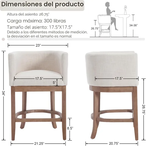 Vista 2 de CIMOTA Juego de 1 taburete de bar moderno de 26 pulgadas de altura de mostrador, taburete de bar de barril de granja con respaldo y brazos, marco
