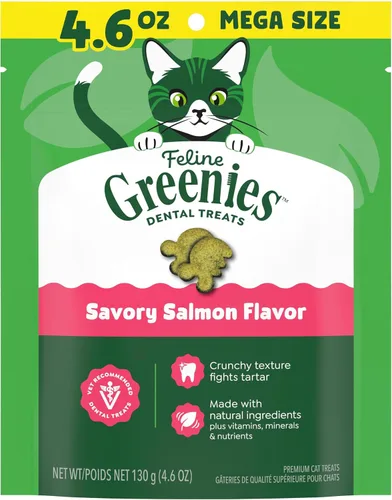 Vista 11 de Greenies Golosinas para gatos, golosinas dentales naturales para gatos adultos recomendadas por veterinarios felinos, sabroso sabor a salmón, bolsa