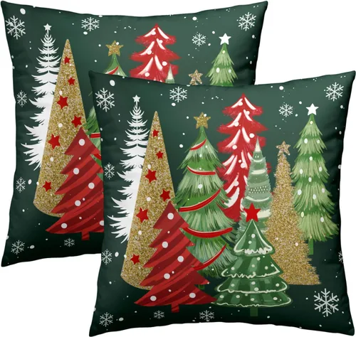 Vista 44 de Fundas de Almohada de Bosque de Pinos 22x22 Juego de 2, Fundas de Almohada Decorativas de Árboles de Abeto y Cedro Verde Nieve Beige de Invierno