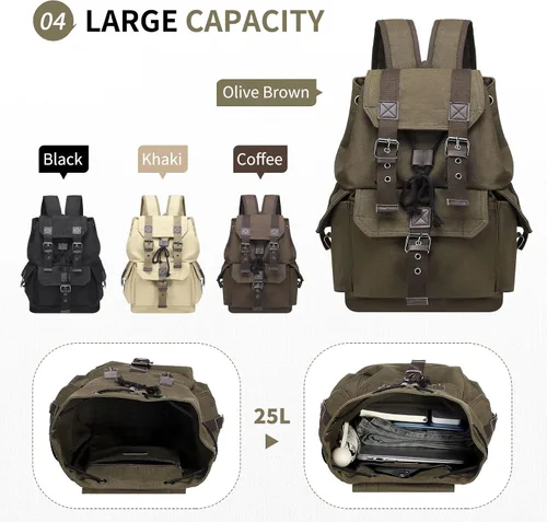 Vista 6 de Mochila de lona vintage para hombres y mujeres, mochila casual duradera, mochila de viaje de gran capacidad para senderismo y uso diario (verde)