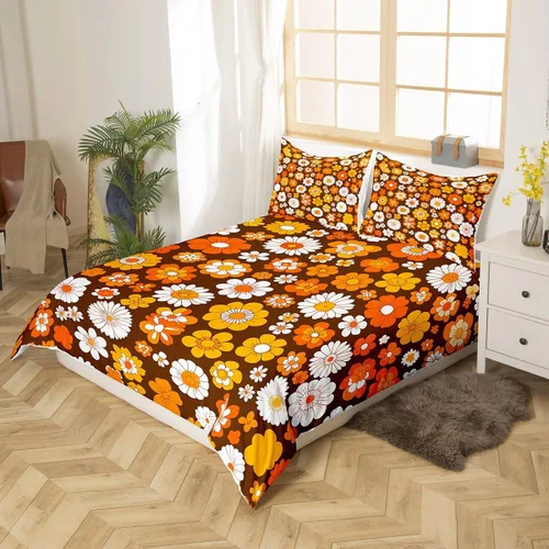 Vista 2 de Juego de ropa de cama Groovy de los años 60 y 70 para niños, funda de edredón retro de flores hippie para niños, adolescentes, vintage, bohemio