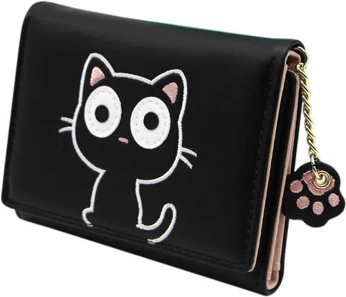 Vista 4 de Bonita cartera de gato para niñas y adolescentes, niños y mujeres, delgada de tres pliegues, tarjetero organizador con colgante de pata