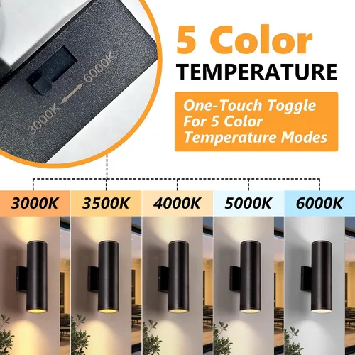 Vista 2 de DAKAFUL 5CCT - Luces de pared regulables para exteriores, paquete de 2 unidades, 3000 K, 5000 K, 6000 K, cilindro LED integrado, luz de aluminio