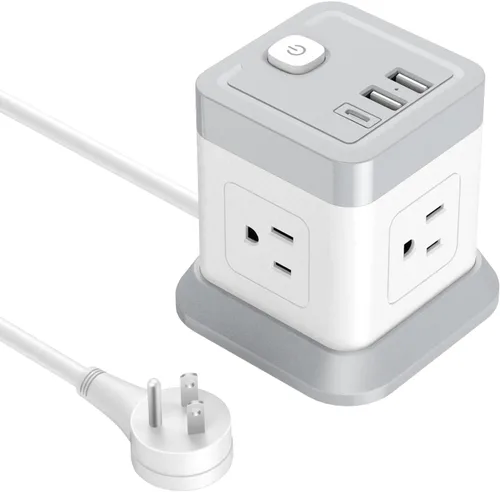 Vista 10 de BEVA Regleta de alimentación con USB - Estación de carga de escritorio con cable de extensión de 5 pies de largo, cubo de regleta con 4 tomas