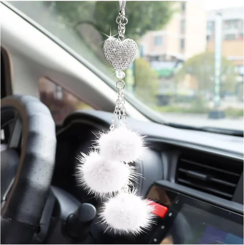 Vista 18 de Ziciner Accesorios de Interior de Coche con Diamantes Brillantes en Forma de Corazón - Adorno Colgante de Corazón y Bola de Felpa Rosa, Encanto