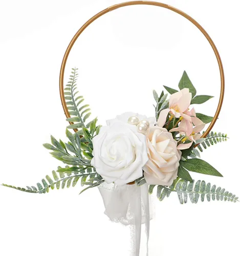 Vista 9 de Corona de aro floral de boda para damas de honor, guirnalda de mano de metal artificial para dama de honor con guirnalda de rosas y eucaliptos Azul