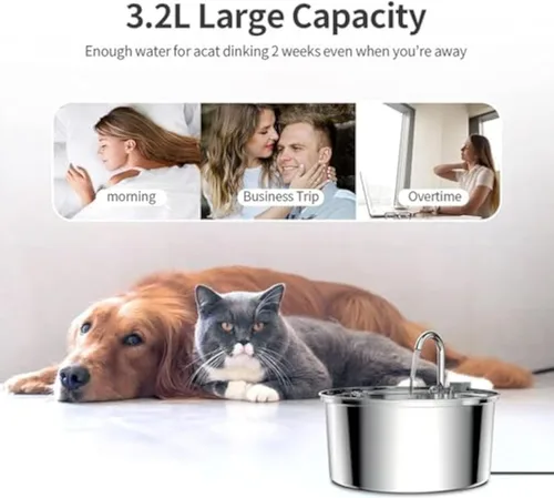 Vista 4 de Pawira - Fuente de agua para gatos, fuente para gatos Pawira de 3.2L/7 L, fuente de agua de acero inoxidable súper silenciosa para gatos pequeños