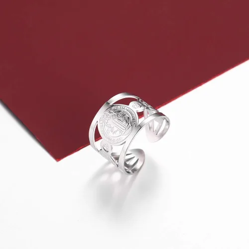 Vista 6 de FaithHeart San CristóforoSan Miguel Virgen MaríaSan Benito Anillo abierto acero inoxidableoro de 18 quilates anillo de sello cristiano para hombres