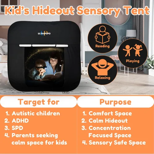 Vista 5 de Tienda Sensorial Emergente para Niños, Extra Grande 47x47 pulgadas Refugio Tranquilizante de Oscurecimiento Negro, Tienda Negra Calmante para Niños