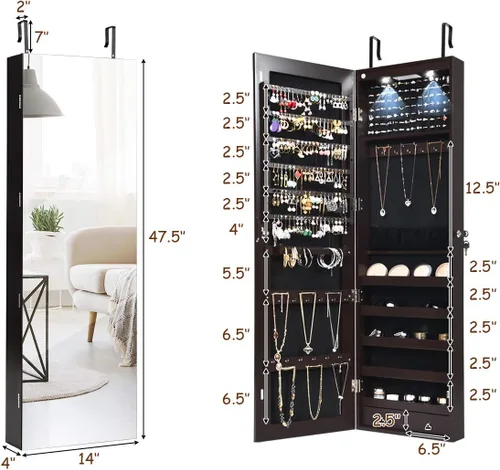 Vista 7 de Giantex Armario de joyería para puerta de pared con espejo de longitud completa, 2 LED con cerradura grande organizador de joyas con espejo ancho