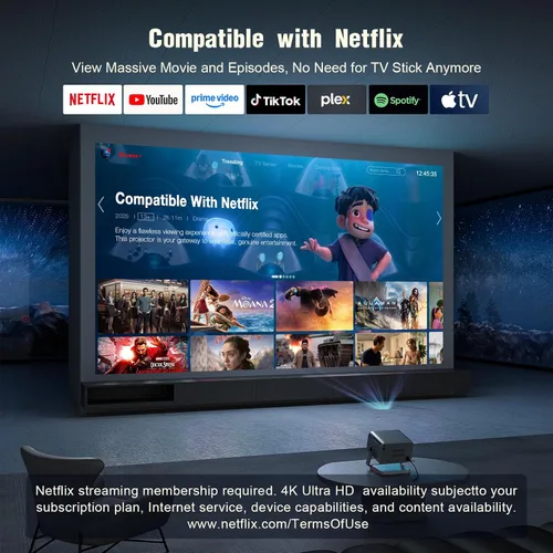 Vista 4 de [Netflix oficial y enfoque automático] Proyector VOPLLS 4K con WiFi y Bluetooth, sonido estéreo 3D y proyector de video Keystone automático