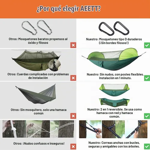 Vista 3 de Hamaca de camping con mosquitera – Hamaca portátil de viaje – Equipo de camping – Tienda de campaña para senderismo al aire libre, campamento, Verde