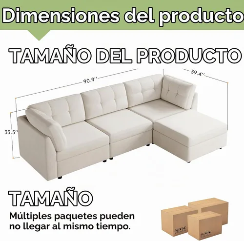 Vista 2 de VANOMi Sectional L-Shaped Sofa for Living Room, Modualr Sofa Couch, Beige