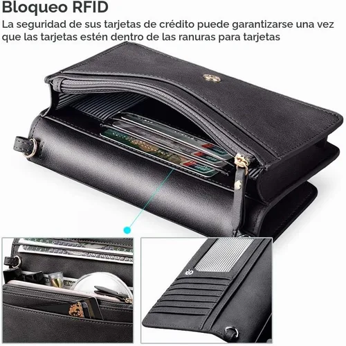 Vista 7 de nuoku - Bolso bandolera pequeño para mujer con ranuras para tarjetas RFID, 2 correas negro (A- Black)