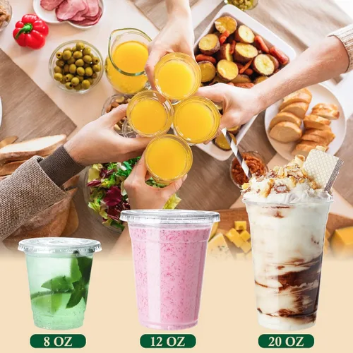 Vista 4 de Vasos de plástico de 8 onzas con tapas, paquete de 100 vasos transparentes desechables con tapas con ranura para popote para limonada, café, batido