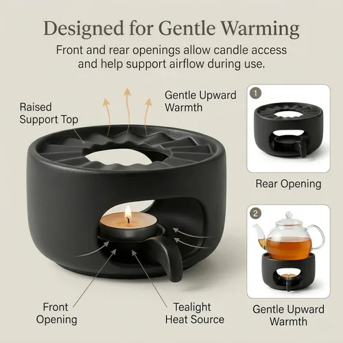 Vista 3 de Calentador de tetera de cerámica mate con cuchara de vela extraíble, base de calentador de té de bajo perfil para teteras de vidrio o cerámica Negro
