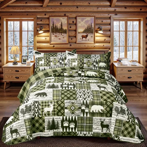 Vista 10 de Juego de 3 piezas de colcha tamaño King para cabaña, reversible, navideño, rústico, de microfibra, suave, ligera, de granja, con 2 fundas de 2-Oso