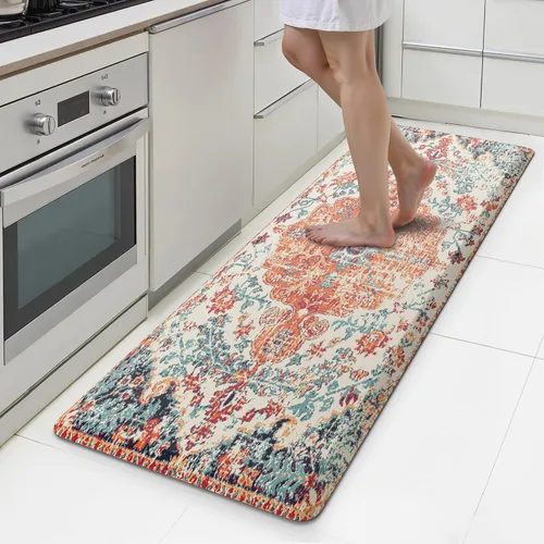 Vista 14 de MAYHMYO Tapete de cocina bohemio, antifatiga, étnico, acolchado, color naranja y azul, alfombras de cocina antideslizantes para cocina, suelo