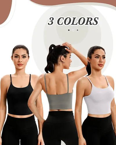 Vista 3 de 3 piezas de brasier deportivo de línea larga para mujer, con tirantes delgados, parte superior acolchada para yoga, entrenamiento, fitness, brasier