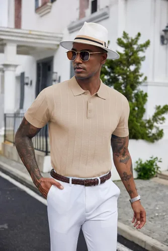 Vista 10 de COOFANDY Camisas polo de punto para hombre de manga corta con textura acanalada Camisas de golf casuales y ligeras con cuello Camiseta de polo