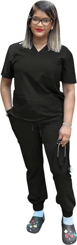 Vista 2 de Conjunto de 2 piezas unisex para hombre y mujer, para enfermería, elástico, flexible, con cuello en V Negro