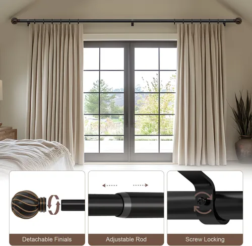 Vista 4 de Barras de cortina negras para ventanas de 28 a 48 pulgadas, longitud ajustable, resistente, diámetro de 7/8 pulgadas, barra de cortina para ventana