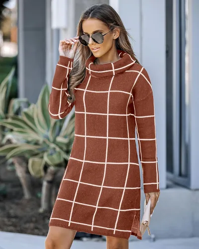 Vista 3 de luvamia Suéter de punto de cuello alto casual para mujer, vestido de suéter de rejilla acogedor