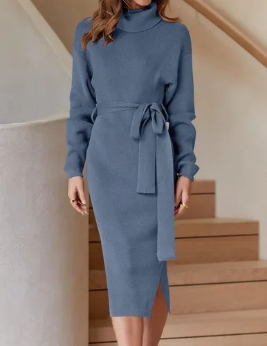 Vista 4 de ZESICA - Vestido por debajo de la rodilla de suéter, de cuello alto, para mujer, de manga larga, de punto acanalado, con abertura y cinturón