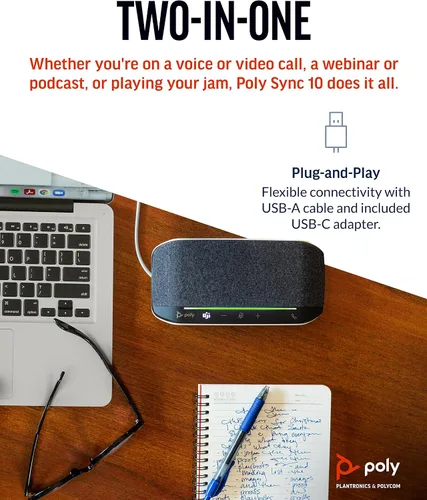 Vista 5 de Poly Sincronización de 10 altavoces USB (Plantronics) - Altavoz portátil dos en uno para llamadas de audio/videoconferencia y música - Alimentado
