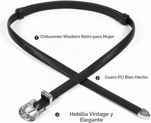 Vista 5 de SUOSDEY Cinturones de cuero ajustados occidentales para mujer, cinturón de cintura delgada ajustable para vestidos con hebilla vintage 1-negro