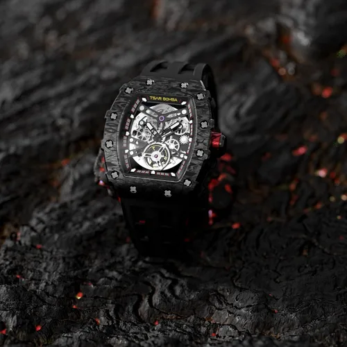 Vista 4 de TSAR BOMBA Relojes automáticos mecánicos, japoneses con correa de reloj de silicona de 0.866in, reloj de pulsera de lujo Tonneau impermeable 5ATM