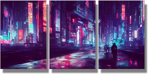 Vista 42 de Lienzo decorativo para pared, diseño de ciudad futurista Cyberpunk para sala de estar, impresión multipanel, obra de arte de cocina, pintura
